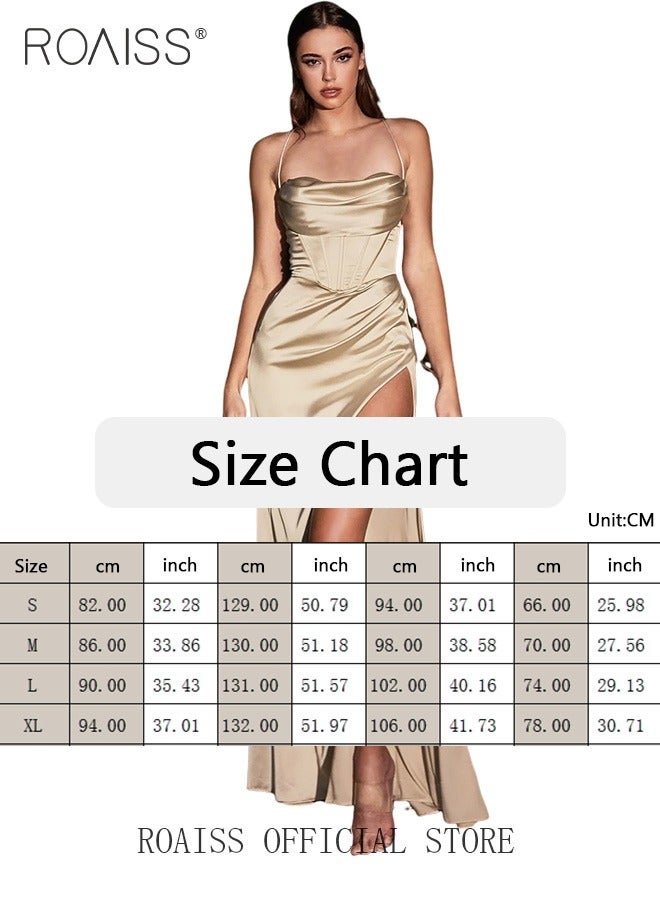 roaiss Banquet Party  Suspender Apricot Dress for Women Evening Dresses Side Slit Backless Long-Length Prom Ball Gown Elegant High Waist Slim Dress  - Image 5