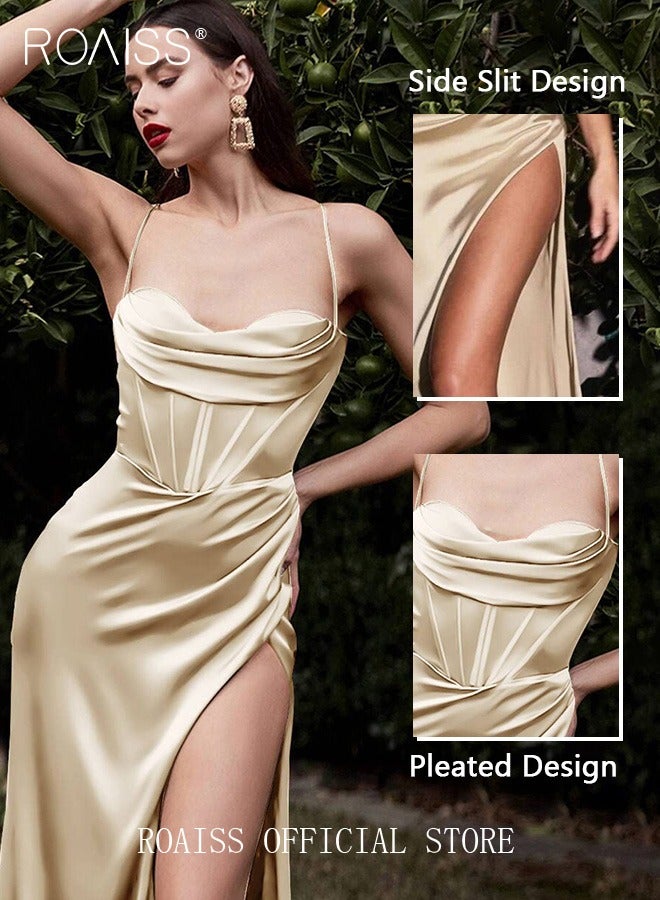roaiss Banquet Party  Suspender Apricot Dress for Women Evening Dresses Side Slit Backless Long-Length Prom Ball Gown Elegant High Waist Slim Dress  - Image 4