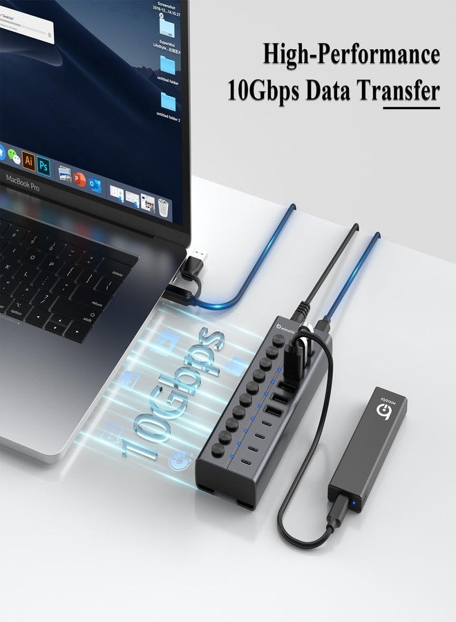 Xiaobi Powered USB Hub, 10-Port USB C Hub with 6 USB-A 3.2, 4 USB-C 3.2 Ports, Individual Switches and 12V/5A Power Adapter, Aluminum USB Extension for MacBook, Laptop/PC and More. - Image 3