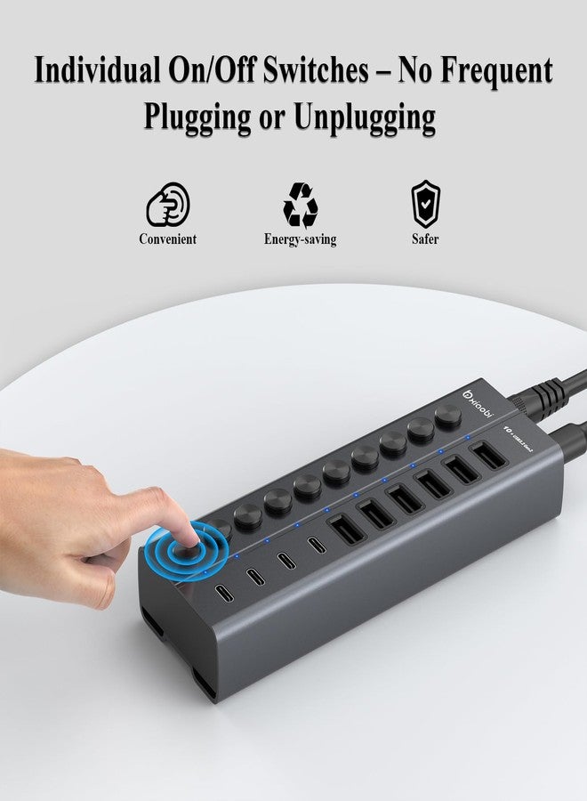 Xiaobi Powered USB Hub, 10-Port USB C Hub with 6 USB-A 3.2, 4 USB-C 3.2 Ports, Individual Switches and 12V/5A Power Adapter, Aluminum USB Extension for MacBook, Laptop/PC and More. - Image 5