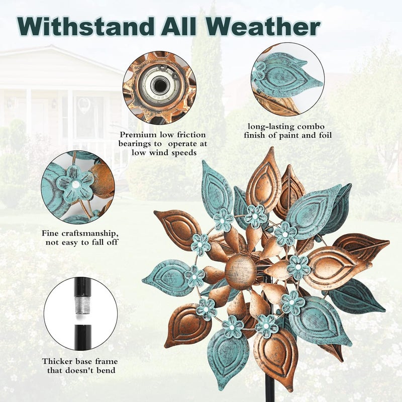 Decoroca Outdoor Wind Spinners Copper - 360 Degrees Metal Swivel Flowers&Leaves Wind Spinners for Patio, Lawn, Yard and Garden - for Classical Style - Festival Outdoor Decor - Image 3