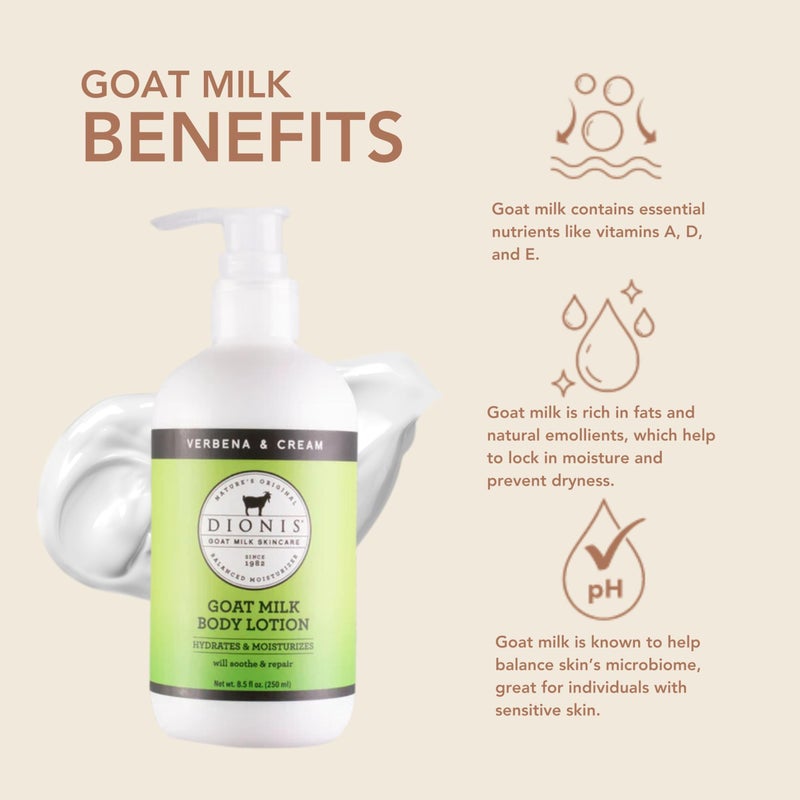 Dionis Goat Milk Hydrating Skincare Scented Cream, Rich & Creamy Daily Moisturizing Verbena & Cream Body Lotion For Dry Skin, Made in the USA, Cruelty-Free & Paraben-Free, 8.5 oz Bottle - Image 2