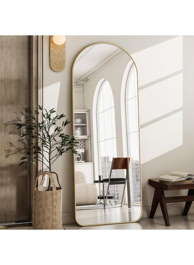YQbest 155*45cm Arched Full Length Mirror with Stand Floor Standing Aluminum Frame for Bedroom Body Hanging Leaning Modern Simple Home Decor Shatter-proorf Nano Glass Wall Decor Mirror For Living Room Cloakroom Gold - Image 1