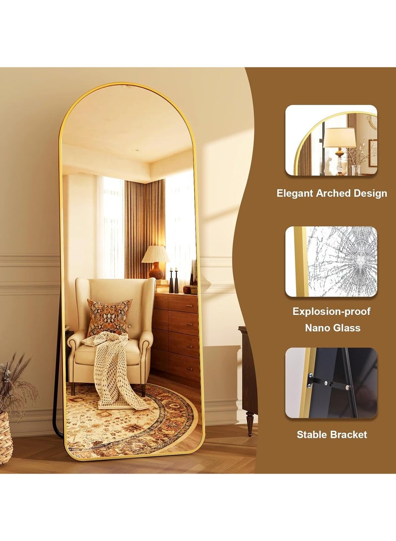YQbest 155*45cm Arched Full Length Mirror with Stand Floor Standing Aluminum Frame for Bedroom Body Hanging Leaning Modern Simple Home Decor Shatter-proorf Nano Glass Wall Decor Mirror For Living Room Cloakroom Gold - Image 4