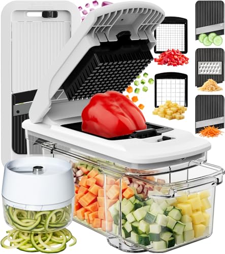 Fullstar XL Vegetable Chopper Mandoline Slicer Vegetable Onion Potato Food Veggie Fruit Slicer Dicer Spiralizer with PullOut Catch Tray Kitchen Gadgets Gifts 6 in 1 BlackWhite - Image 1