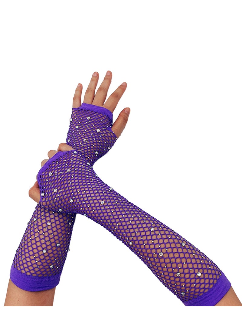 Women Girls Rhinestone Fingerless Fishnet Gloves,Fish Net Arm Sleeve for 80s Party（Purple）  - Image 1