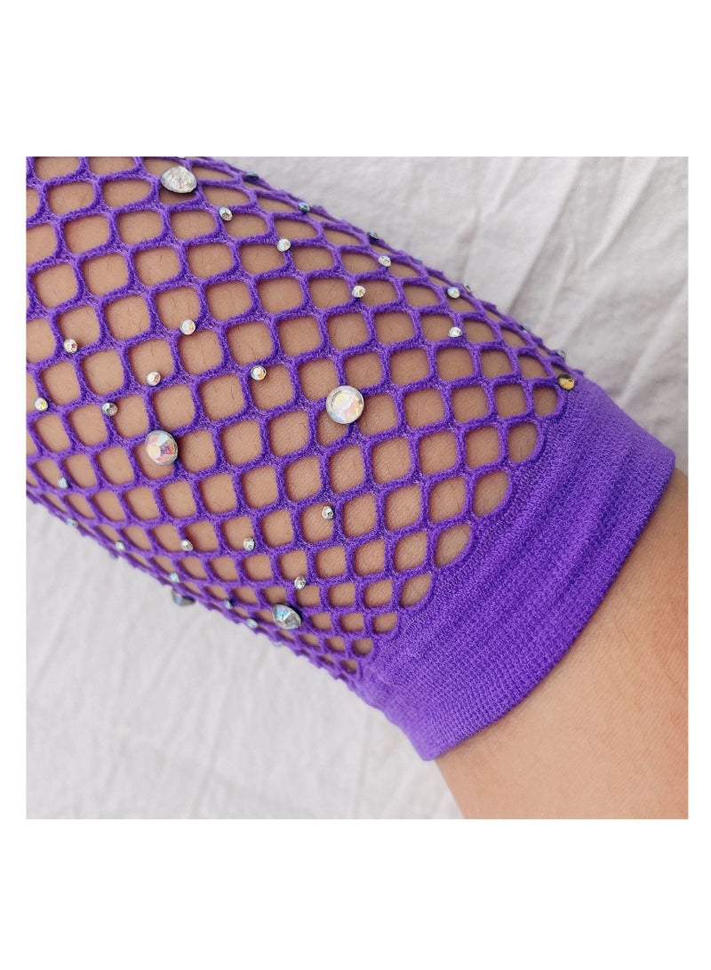Women Girls Rhinestone Fingerless Fishnet Gloves,Fish Net Arm Sleeve for 80s Party（Purple）  - Image 2