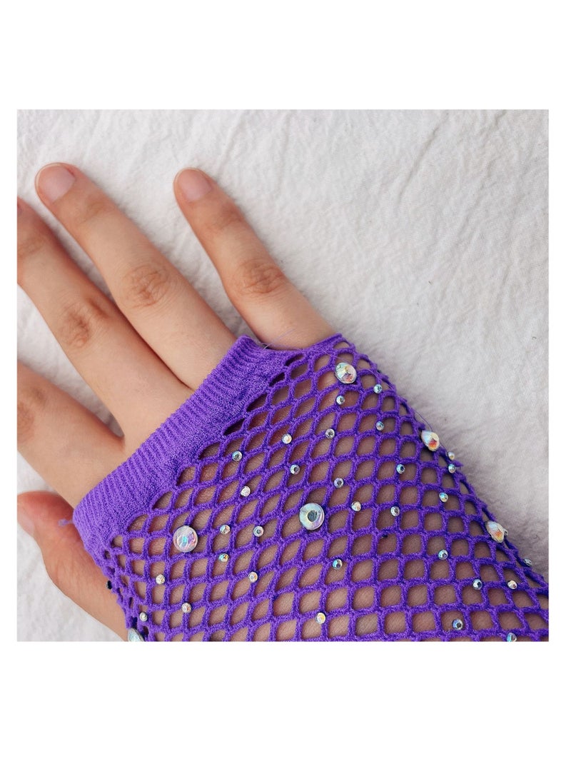 Women Girls Rhinestone Fingerless Fishnet Gloves,Fish Net Arm Sleeve for 80s Party（Purple）  - Image 3
