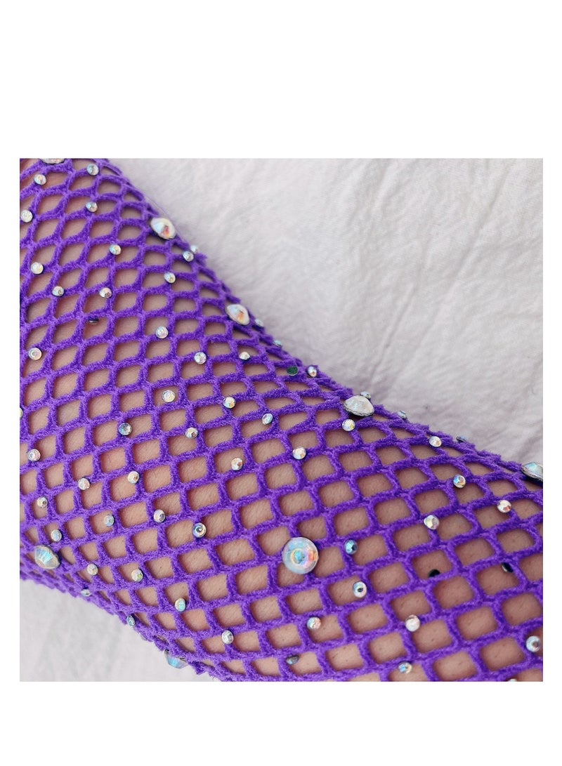 Women Girls Rhinestone Fingerless Fishnet Gloves,Fish Net Arm Sleeve for 80s Party（Purple）  - Image 4