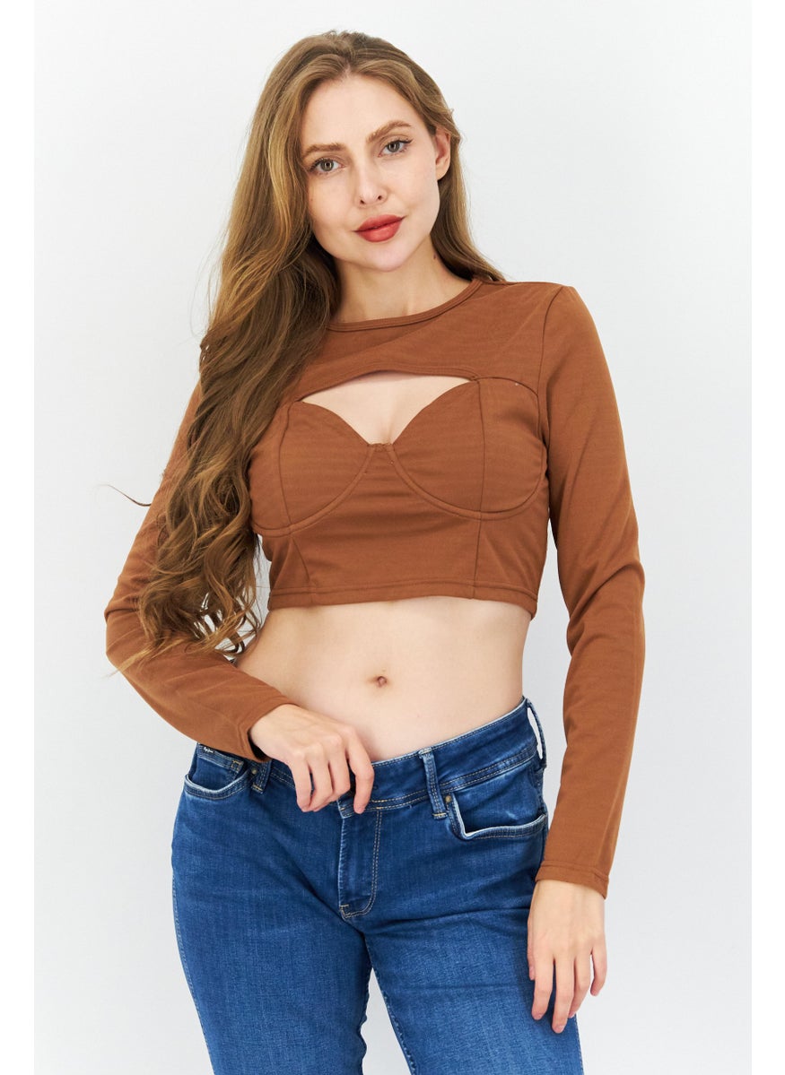 Women Round Neck Long Sleeve Solid Top, Brown - pzsku/ZF9A6E7AF794ED322937CZ/45/_/1724351611/7649dd81-8104-4691-b69e-8fa21b9933ca