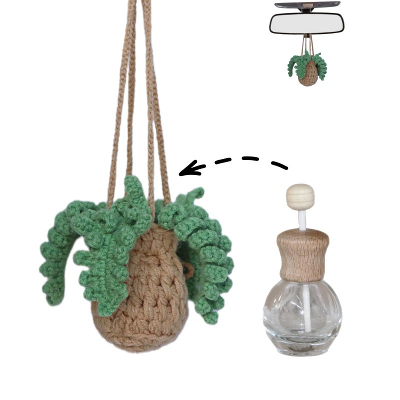 ROFIGL Handmade Crochet Hanging Car Air Freshener - Botanical Fern Leaf Design with 12ml Refillable Glass Essential Oil Bottle, Long-Lasting Car Diffuser & Nature-Inspired Decor - Image 1