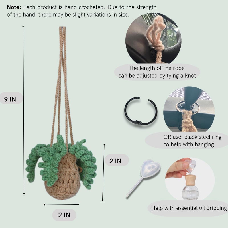 ROFIGL Handmade Crochet Hanging Car Air Freshener - Botanical Fern Leaf Design with 12ml Refillable Glass Essential Oil Bottle, Long-Lasting Car Diffuser & Nature-Inspired Decor - Image 2