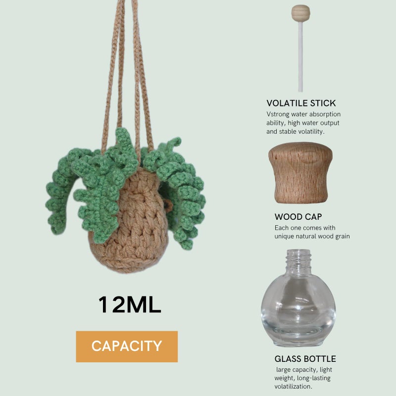 ROFIGL Handmade Crochet Hanging Car Air Freshener - Botanical Fern Leaf Design with 12ml Refillable Glass Essential Oil Bottle, Long-Lasting Car Diffuser & Nature-Inspired Decor - Image 3