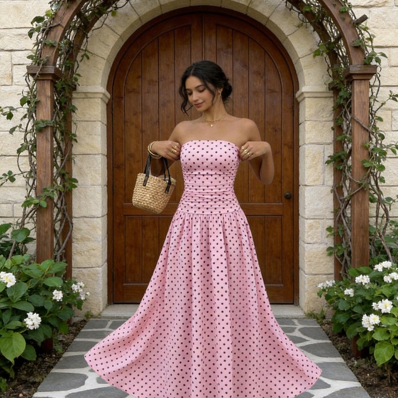 Polka Dot Bandeau High Neck Sleeveless Bodycon Maxi Dress - Image 2