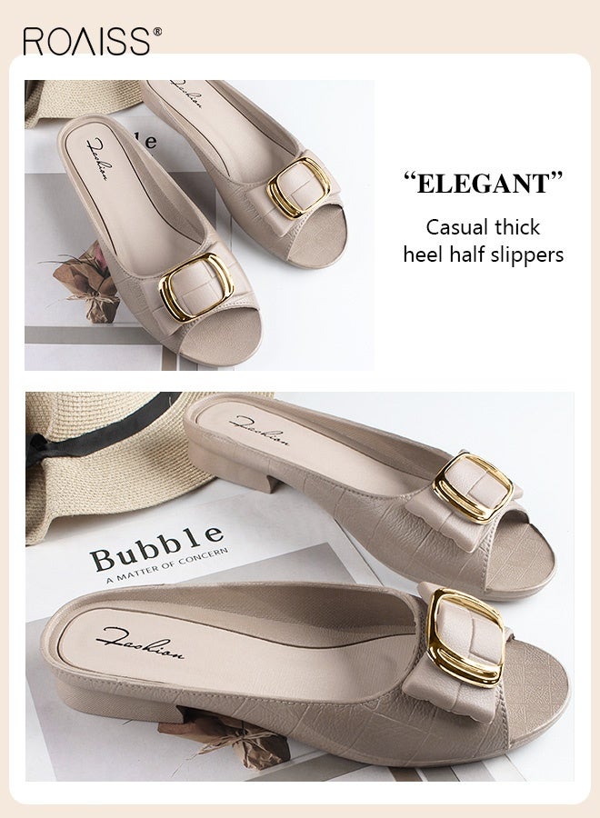 رويس نعال نسائية كاجوال مفتوحة الأصابع، كعب سميك، نعل مسطح ناعم، نعال خارجية أنيقة ومتعددة الاستخدامات، نعال مسطحة مقاومة للماء مع مشبك معدني مربع، لون بيج - Image 3