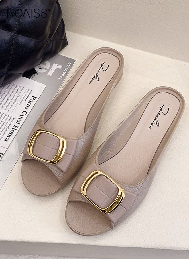 رويس نعال نسائية كاجوال مفتوحة الأصابع، كعب سميك، نعل مسطح ناعم، نعال خارجية أنيقة ومتعددة الاستخدامات، نعال مسطحة مقاومة للماء مع مشبك معدني مربع، لون بيج - Image 5