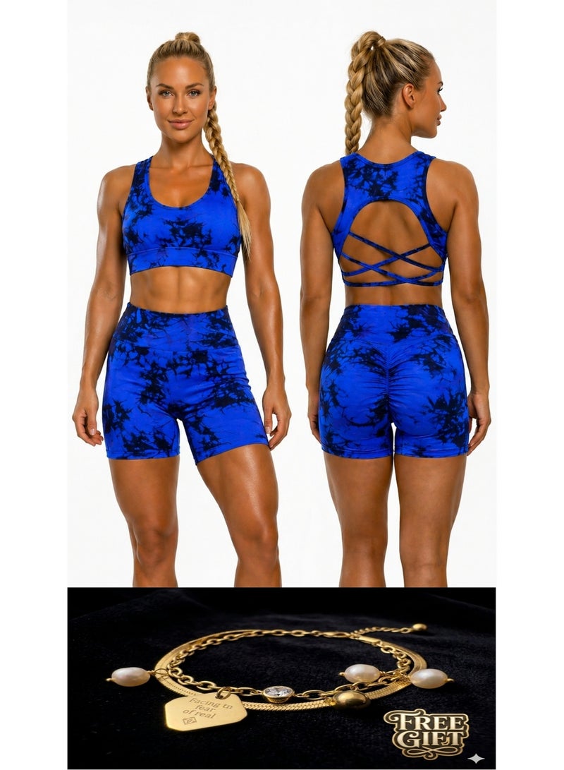 Free Gift Included Women's 2-Piece Tie-Dye Sports Bra and Shorts Set – High-Waist Scrunch - Image 1