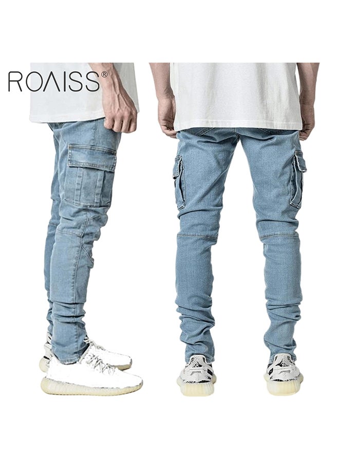 roaiss بنطلون جينز رجالي عصري بجيب مرن وجيب جانبي وضيق سروال رصاص مرن متعدد الاستخدامات  - Image 2
