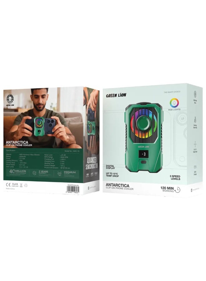GREEN LION Antarctica Clip-On Phone Cooler – 2500mAh Battery, 3 Cooling Levels, 15°C Temperature Reduction, 6000RPM Silent Fan, RGB Lighting, USB-C Rechargeable Gaming Phone Cooling Fan, Clip-On Design for 2.6"–3.5" Devices - Green - Image 2