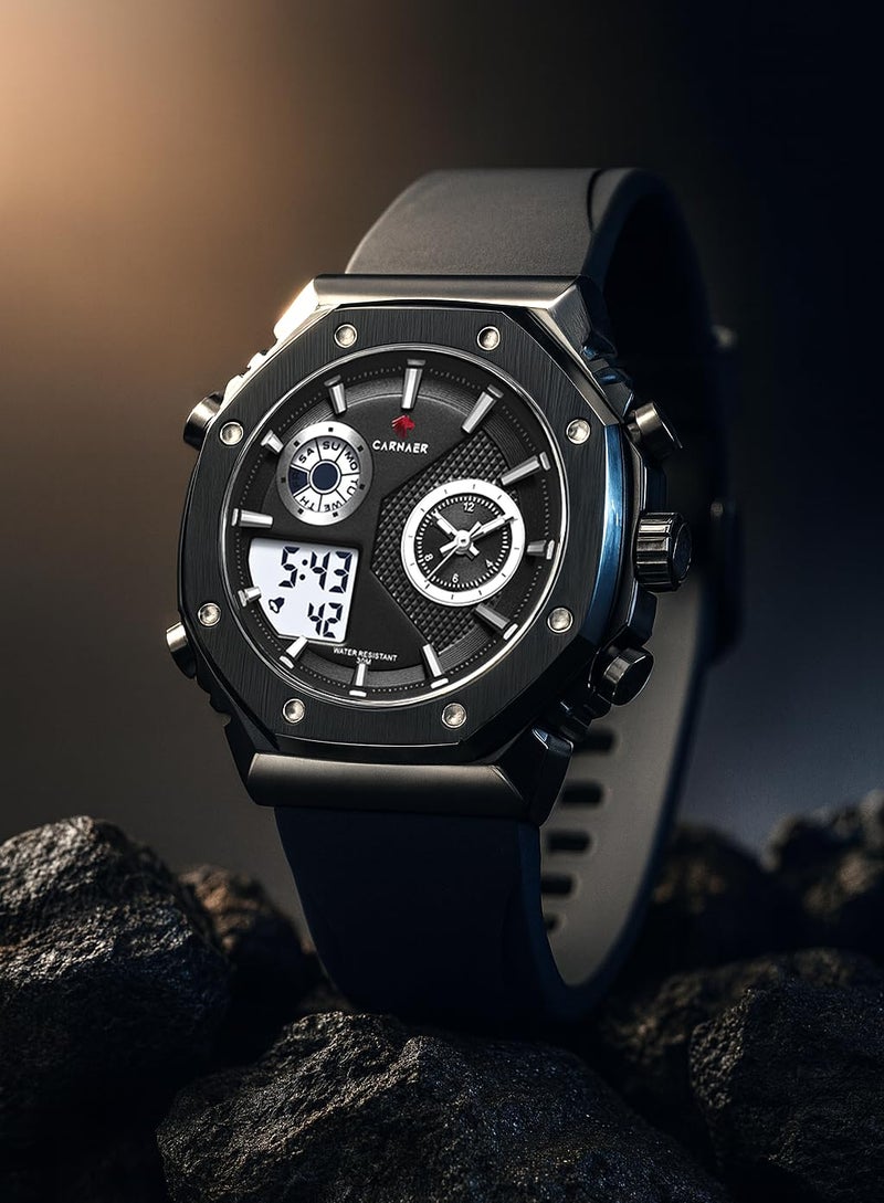 CARNAER Men’s Analog-Digital Chronograph Watch – Dual Display, Quartz Movement, Luminous Hands, Stopwatch, Zinc Alloy Case, Silicone Strap, Waterproof Sports Wristwatch for Boys (Black) - Image 2