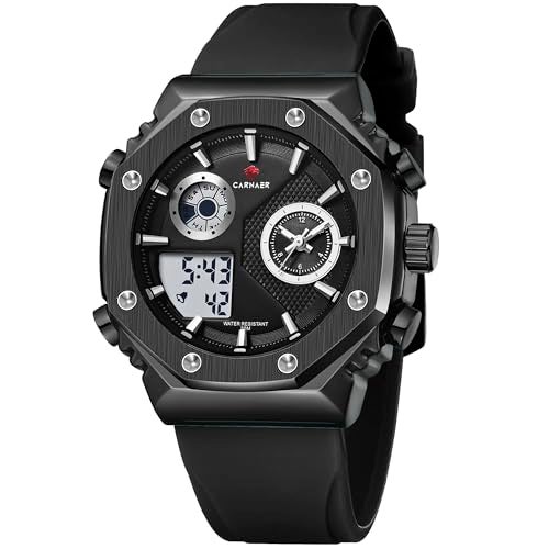 CARNAER Men’s Analog-Digital Chronograph Watch – Dual Display, Quartz Movement, Luminous Hands, Stopwatch, Zinc Alloy Case, Silicone Strap, Waterproof Sports Wristwatch for Boys (Black) - Image 1