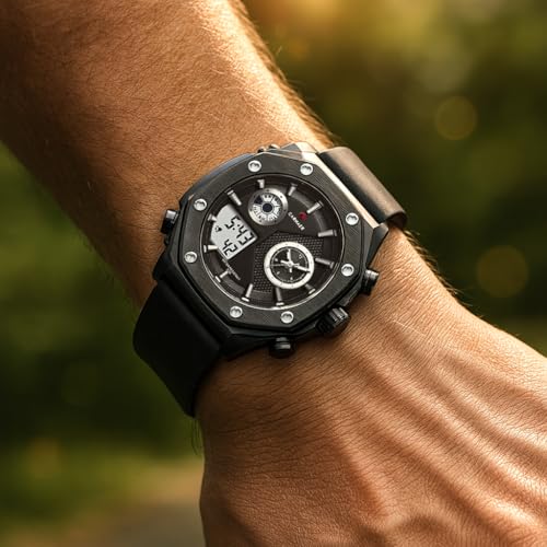 CARNAER Men’s Analog-Digital Chronograph Watch – Dual Display, Quartz Movement, Luminous Hands, Stopwatch, Zinc Alloy Case, Silicone Strap, Waterproof Sports Wristwatch for Boys (Black) - Image 3
