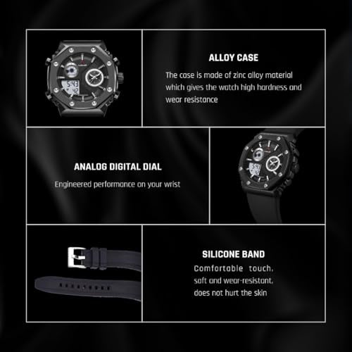 CARNAER Men’s Analog-Digital Chronograph Watch – Dual Display, Quartz Movement, Luminous Hands, Stopwatch, Zinc Alloy Case, Silicone Strap, Waterproof Sports Wristwatch for Boys (Black) - Image 4