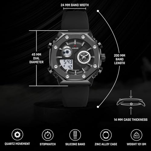 CARNAER Men’s Analog-Digital Chronograph Watch – Dual Display, Quartz Movement, Luminous Hands, Stopwatch, Zinc Alloy Case, Silicone Strap, Waterproof Sports Wristwatch for Boys (Black) - Image 5