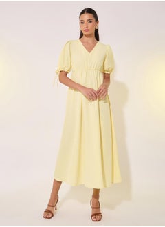 Solid V-Neck Puff Sleeve Midi Dress - pzsku/ZF9A7501D73B056AA4318Z/45/_/1740664726/b5c4bc1b-c367-43c7-a1f3-cd131613de00