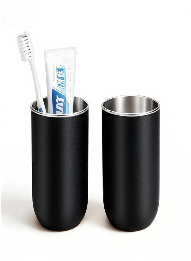 Oasiteege Stainless Steel Toothbrush Cup Holder 13oz, Unbreakable Reusable Kids Bathroom Tumbler Cup & Tooth Brush Holder Organizer for Shower, Mens Countertop Toothpaste Storage Set, Black 2 Pack - Image 1