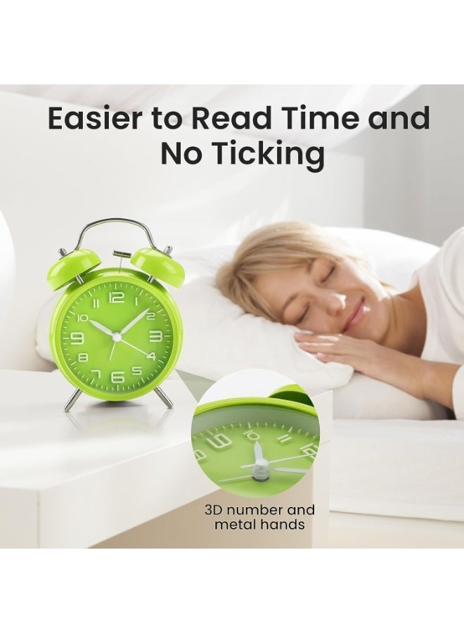 Loud Alarm Clock for Heavy Sleepers Adults, 4 Inches Metal Twin Bell Alarm Clock for Bedroom, Silent Non-Ticking Quartz with Backlight, Retro Analog Alarm Clocks for Kids Bedroom Beside (Green) - Image 2
