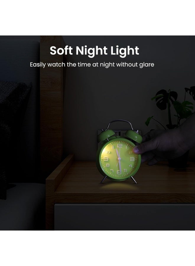 Loud Alarm Clock for Heavy Sleepers Adults, 4 Inches Metal Twin Bell Alarm Clock for Bedroom, Silent Non-Ticking Quartz with Backlight, Retro Analog Alarm Clocks for Kids Bedroom Beside (Green) - Image 5