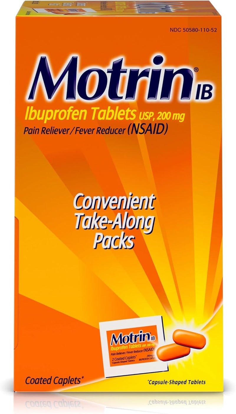 Motrin IB, Ibuprofen 200mg Tablets, NSAID Pain & Fever Reliever for Headache, Backache, Muscular Aches, Arthritis Pain Reliever, 50 Travel Packets of 2, 100 ct