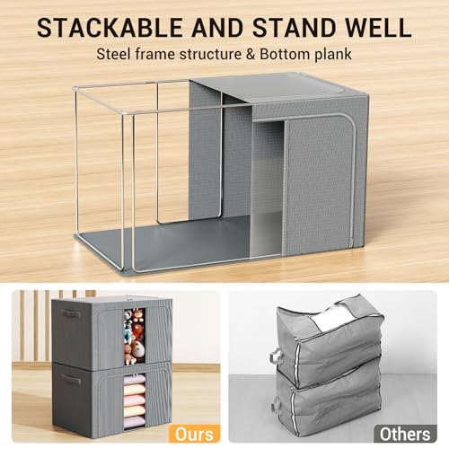 LeArex Clothes Storage Bins with Metal Frame, Foldable Clothes Organizers Storage Containers for Clothes, Sheets, Blankets, Pillows and Towels （66L, 3 Pack, Deep Grey - Image 3
