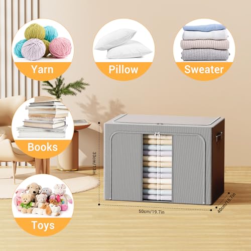 LeArex Clothes Storage Bins with Metal Frame, Foldable Clothes Organizers Storage Containers for Clothes, Sheets, Blankets, Pillows and Towels （66L, 3 Pack, Deep Grey - Image 2