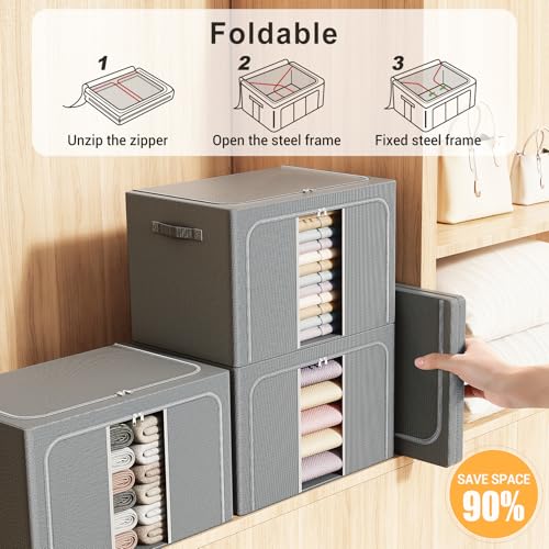 LeArex Clothes Storage Bins with Metal Frame, Foldable Clothes Organizers Storage Containers for Clothes, Sheets, Blankets, Pillows and Towels （66L, 3 Pack, Deep Grey - Image 4