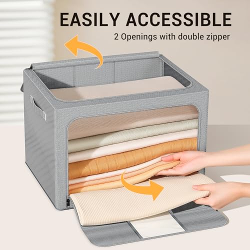 LeArex Clothes Storage Bins with Metal Frame, Foldable Clothes Organizers Storage Containers for Clothes, Sheets, Blankets, Pillows and Towels （66L, 3 Pack, Deep Grey - Image 5