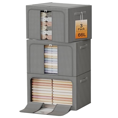 LeArex Clothes Storage Bins with Metal Frame, Foldable Clothes Organizers Storage Containers for Clothes, Sheets, Blankets, Pillows and Towels （66L, 3 Pack, Deep Grey - Image 1