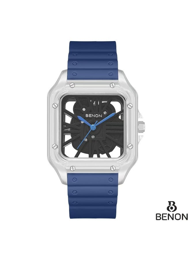 Pinone The Benon watch features a transparent case that showcases the internal details, and comes with a luxurious blue rubber strap. - Image 1