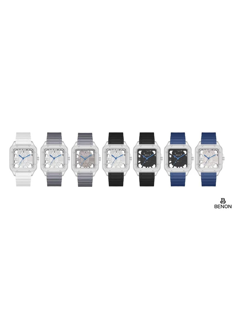 Pinone The Benon watch features a transparent case that showcases the internal details, and comes with a luxurious blue rubber strap. - Image 2