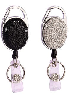 SYOSI 2 Pack Retractable ID Badge Holder with Clip, ID Name Badge Reels with Bling Rhinestones Retractable Card Holder for Office Worker Teacher Doctor Nurse(Black&Silver)  - Image 1