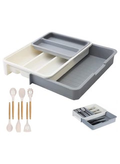 Cutlery Tray, 3-in-1 Expandable Anti-Slip Cutlery Drawer Organizer with 7 Storage Spaces for Kitchen Utensils and Silverware