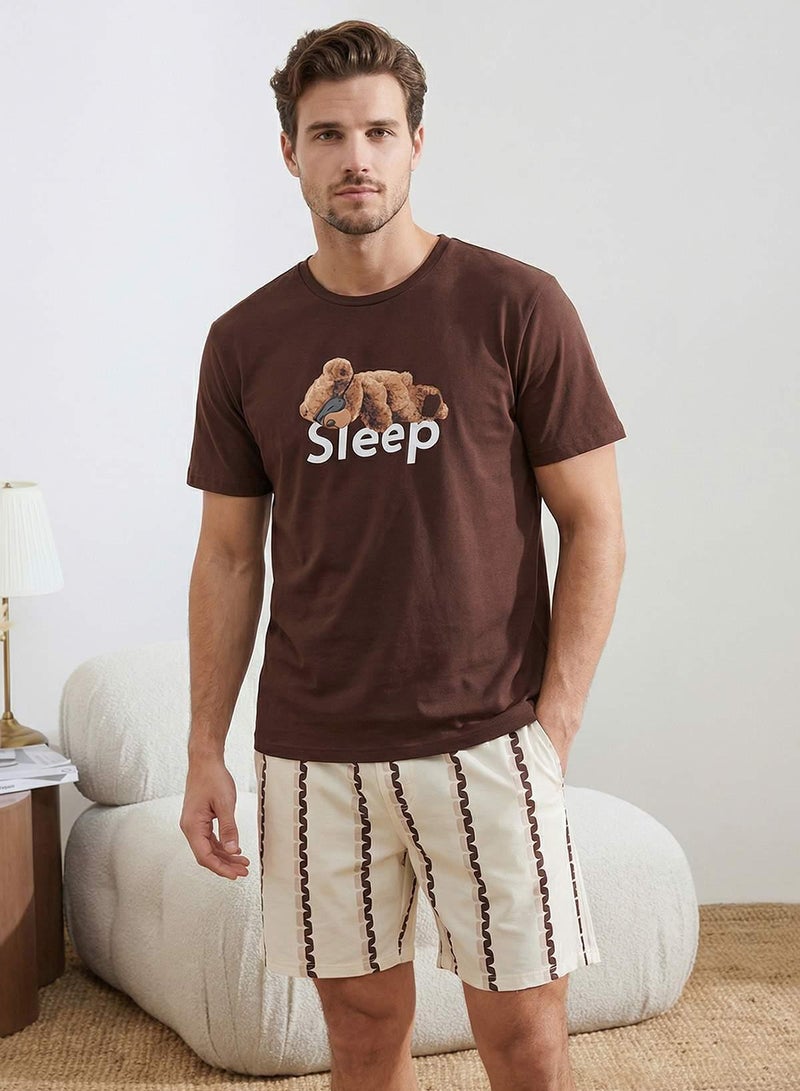trendyol Brown Regular Fit Teddy Bear Printed Cotton Pajama Set Tmnss26Pt00017 - Image 1