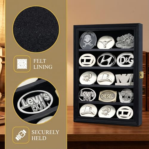 DisplayGifts Belt Buckle Display Case 16 x12 Inch, Wall Mount Shadow Box with 98% UV Protection Belt Buckle Collector's Display Frame for 2.25" to 3.25" Buckles, 5-Tier 2 Removable Shelf Black Finish - Image 4