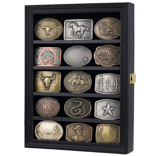 DisplayGifts Belt Buckle Display Case 16 x12 Inch, Wall Mount Shadow Box with 98% UV Protection Belt Buckle Collector's Display Frame for 2.25" to 3.25" Buckles, 5-Tier 2 Removable Shelf Black Finish - Image 3