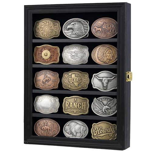 DisplayGifts Belt Buckle Display Case 16 x12 Inch, Wall Mount Shadow Box with 98% UV Protection Belt Buckle Collector's Display Frame for 2.25" to 3.25" Buckles, 5-Tier 2 Removable Shelf Black Finish - Image 1