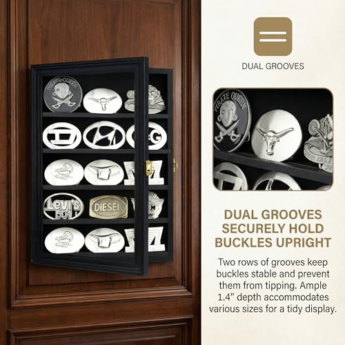 DisplayGifts Belt Buckle Display Case 16 x12 Inch, Wall Mount Shadow Box with 98% UV Protection Belt Buckle Collector's Display Frame for 2.25" to 3.25" Buckles, 5-Tier 2 Removable Shelf Black Finish - Image 5