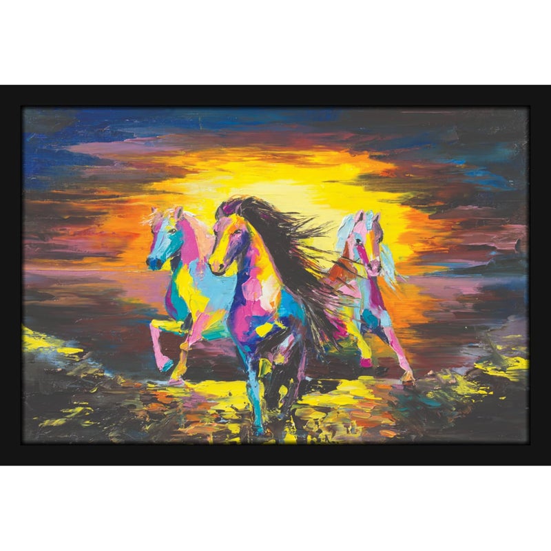 Mad Masters 3 Lucky Running Horses Painting Aesthetic Hanging Photo Frame Decorative Item Home Decoration and Wall Decor for Living Room and Bedroom MM 1439 8x12 Inch Paper Without Plexi Glass - Image 1