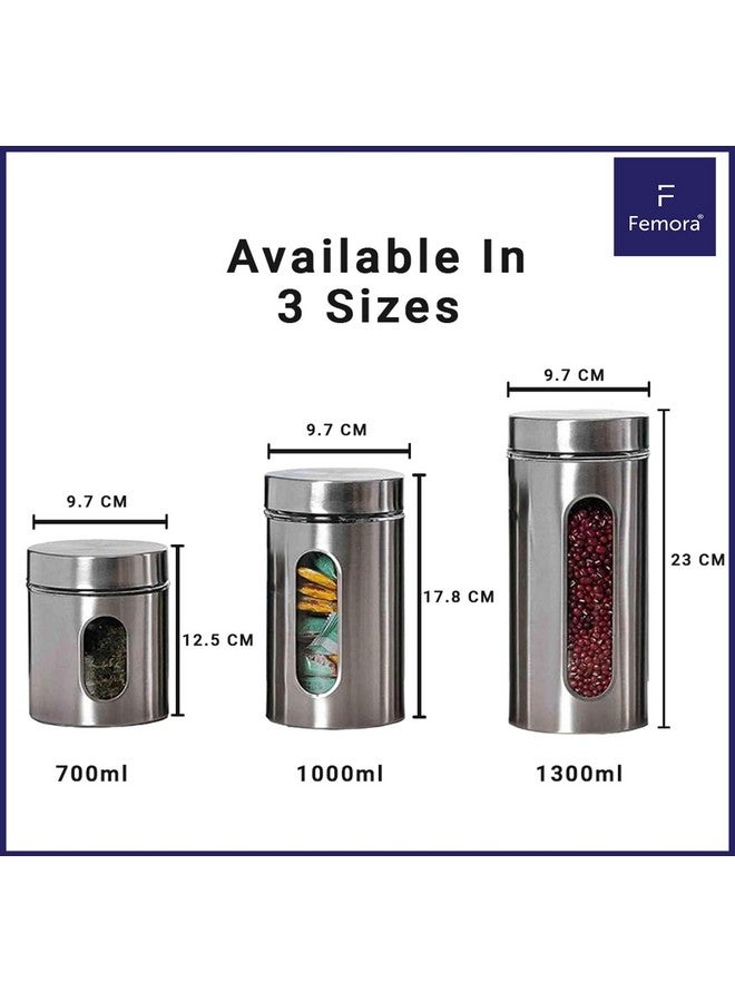 Femora Kitchen Storage Jars Steel Body with See Through Window Jar, 1000 ML, Pack of 6 - Image 3