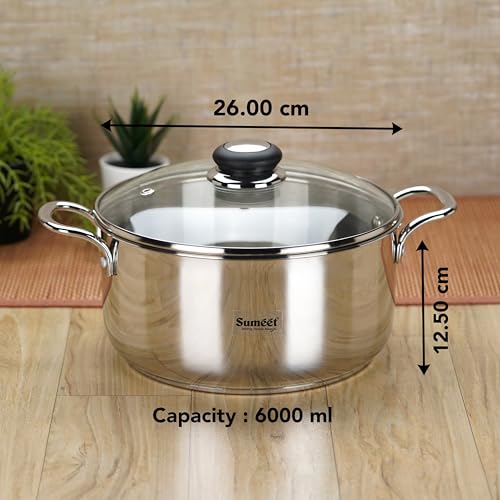 Sumeet Stainless Steel Induction Bottom (Encapsulated Bottom) Casserole With Glass Lid 6 Ltr, 26 Cm Dia, Silver, 6000Ml - Image 4